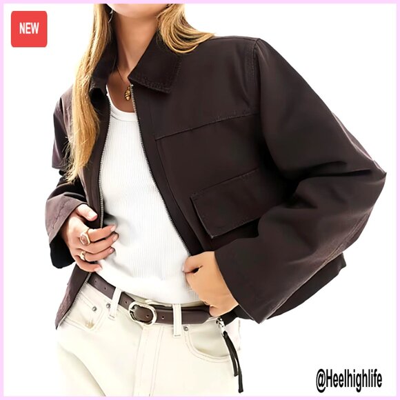 Cropped Utility Jacket with Contrast Collar Zipper Front Pockets Casual Wear